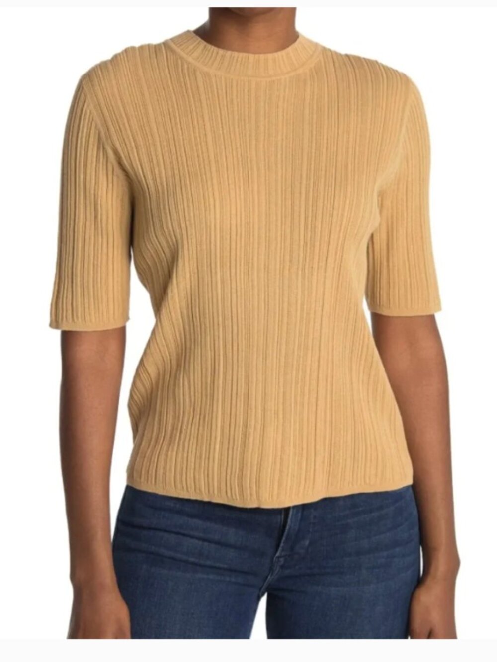 Vince Tan Variegated Half Sleeve Mock Neck Cotton Ribbed Top Size Small